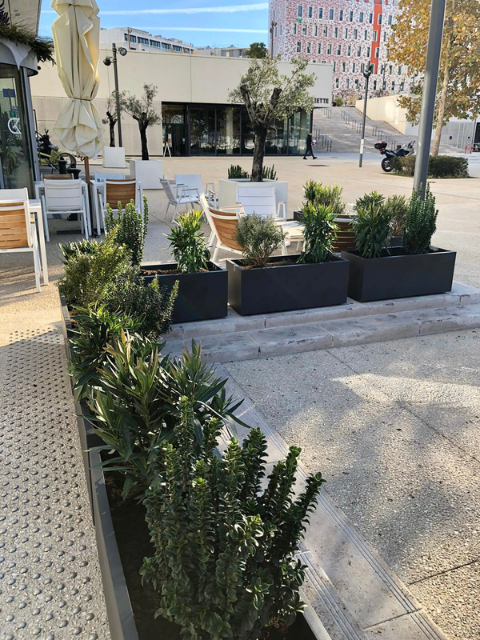 réalisations de bacs et plantes en résine gris avec plantes de myrthes et de lauriers en terrasse extérieur, paysage outdoor